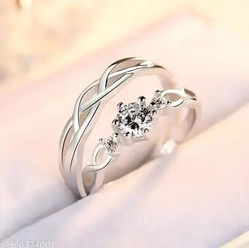 Valentine American diamond Adjustable Heart Love Ring Combo set Platinum Silver propose AD Couples 2 Finger Rings for girls women Couple girlfriend King Queen Gf BF lovers men boys Trend Horizon