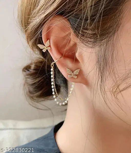 TheVineGirl Korean Pearl Chain Ear Cuff Butterfly Stud Earrings For Women/Girls Trend Horizon