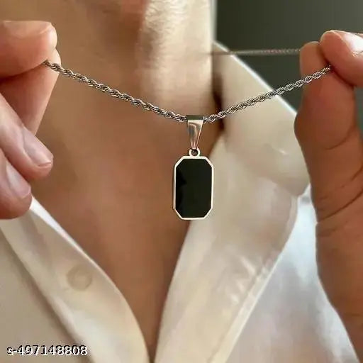 Stylish Stainless Steel Funky Geometric Black Square Natural Stone Punk Locket Pendant Necklace With Silver Chain For Men's & Boy's Jewellery Trend Horizon