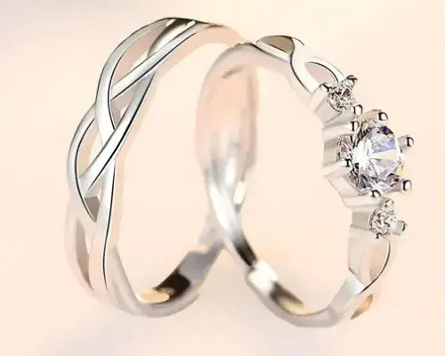 Valentine American diamond Adjustable Heart Love Ring Combo set Platinum Silver propose AD Couples 2 Finger Rings for girls women Couple girlfriend King Queen Gf BF lovers men boys Trend Horizon