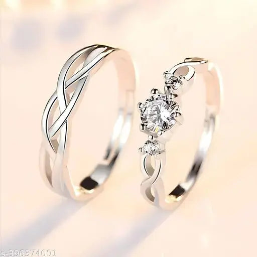Valentine American diamond Adjustable Heart Love Ring Combo set Platinum Silver propose AD Couples 2 Finger Rings for girls women Couple girlfriend King Queen Gf BF lovers men boys Trend Horizon