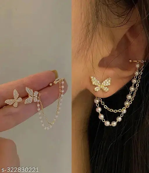 TheVineGirl Korean Pearl Chain Ear Cuff Butterfly Stud Earrings For Women/Girls Trend Horizon