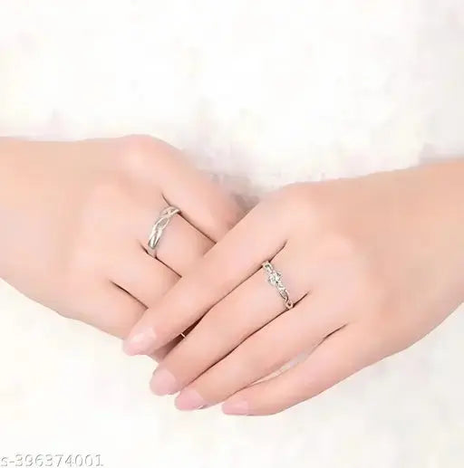 Valentine American diamond Adjustable Heart Love Ring Combo set Platinum Silver propose AD Couples 2 Finger Rings for girls women Couple girlfriend King Queen Gf BF lovers men boys Trend Horizon